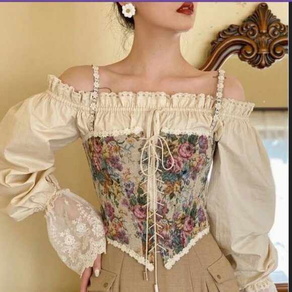 🥑NWT Vntg Style Cowgirl Floral Jacquard Bustier Corset Top Lace up Cropped Top - Picture 2 of 16